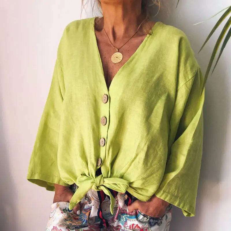 LemonYellow Summer Fashion Blouse ZANZEA Women Long Sleeve Shirt Casual Cotton Linen Tops Sexy V Neck Buttons Down Knot Tunic Plus Size - Цвет: LemonYellow