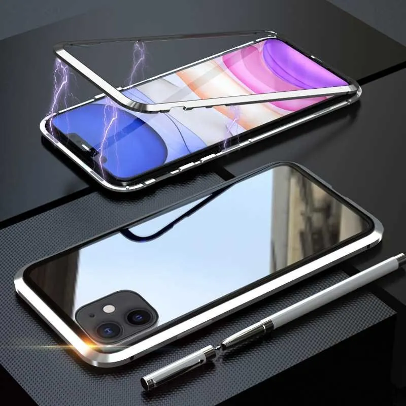 silver Чехол для iPhone 11 Pro Max, металлическая рамка, закаленное стекло, Магнитный чехол, модный защитный чехол, роскошный алюминиевый сплав - Цвет: silver