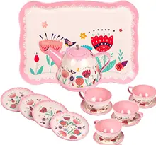Juego de cocina de 15 piezas de fiesta de té de estaño rosa para niños, juego de simulación de fiesta de té de princesa para niñas pequeñas, juego de reanimación