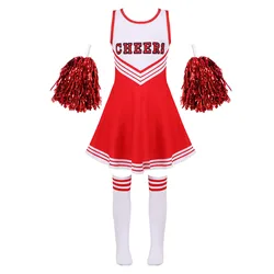 Kids Girls Cheerleader Costume High School Student Uniform Cheerleading Dance Performance Musical Cosplay Dress Socks Flower Set