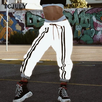 

TCJULY Spring 2020 Stripes Patchwork Women's Reflective Pants High Waist Drawstring Casual Trousers Streetwear Slim Jogger Pants