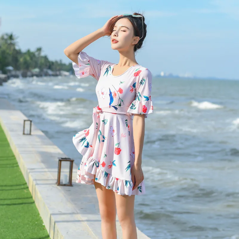 

Summer 2019 New Style Bathing Suit WOMEN'S Half Sleeve Belly Covering Conservative Skirt Hipster One-piece Swimming Suit Dacron