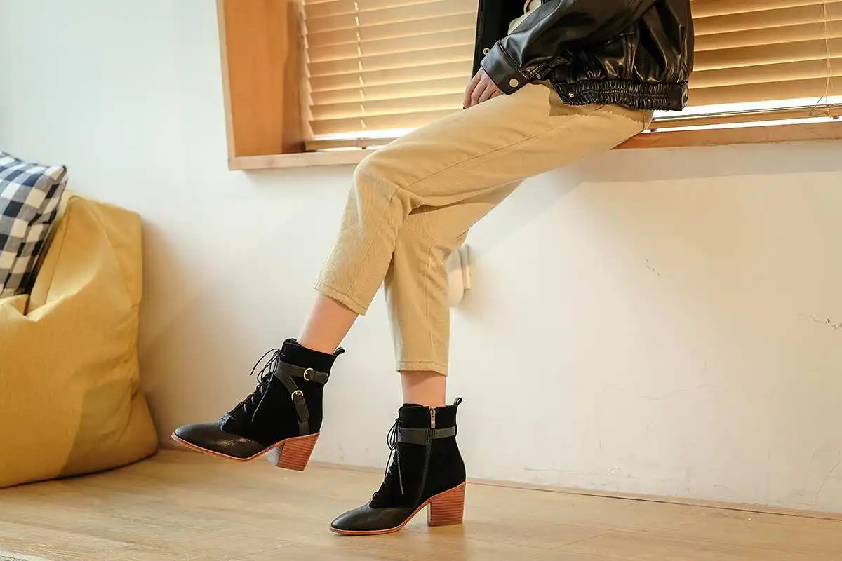 krazing pot sheep leather cow suede lace up thick high heels carving round toe career belt buckle keep warm mid-calf boots l77
