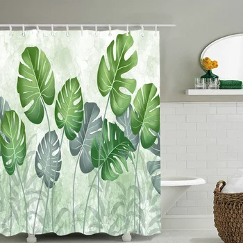 

1pc Waterproof Shower Curtain Leaf Pattern Bath Drapery (Light Green)