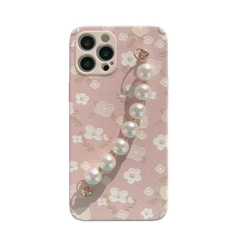 Art Pink Floral Flower Pearl Bracelet Phone Case For iPhone 12 Mini 11 Pro Max X Xs Max Xr 7 8 Puls SE Cases Soft Leather Cover