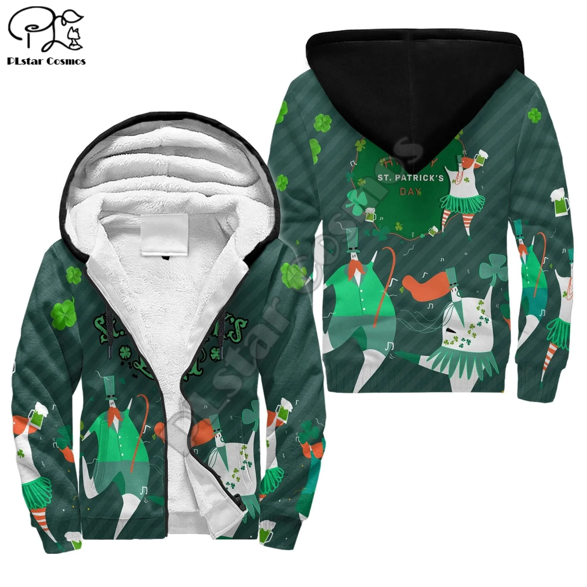 PLstar Cosmos Irish Saint Patrick Day 3D Print Winter Clothing Casual Warm Hood Thick Coat Zipper Man Fleece Hoodies Jacket D26