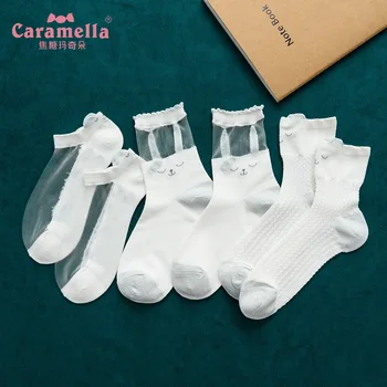 

Caramella New White Rabbit Women Socks Cute Kawaii Cartoon Cotton Socking Mesh Breathable Comfort Sweet Girl Gift Bag sox 3pairs