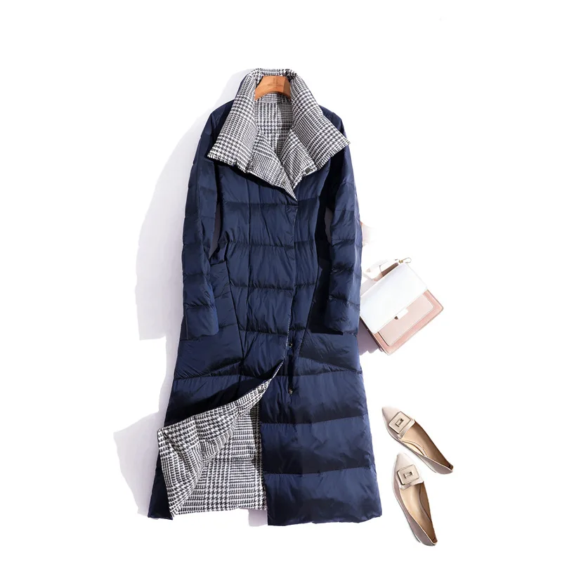 see chart Женское пуховое пальто, Осень-зима, Топ бренд, черный, синий, с капюшоном, воротник, тонкий, синий, Длинные куртки, женская одежда, парки размера плюс - Цвет: see chart