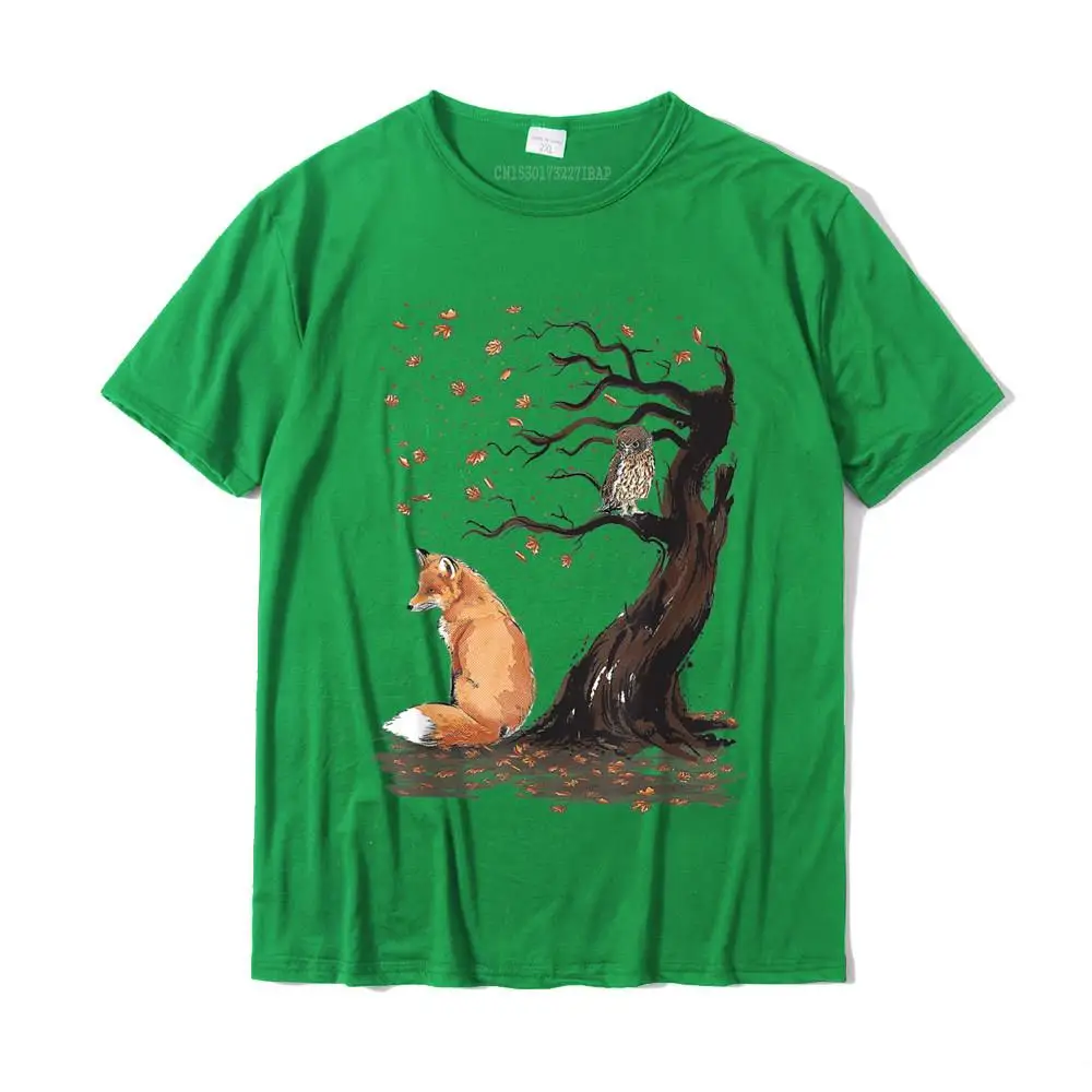Group Casual T Shirt for Men Prevalent Summer Autumn O-Neck Pure Cotton Short Sleeve Top T-shirts Custom Tee-Shirts Fox and Owl on the Tree Animal Lover Cute autumn leaves T-Shirt__MZ15938 green
