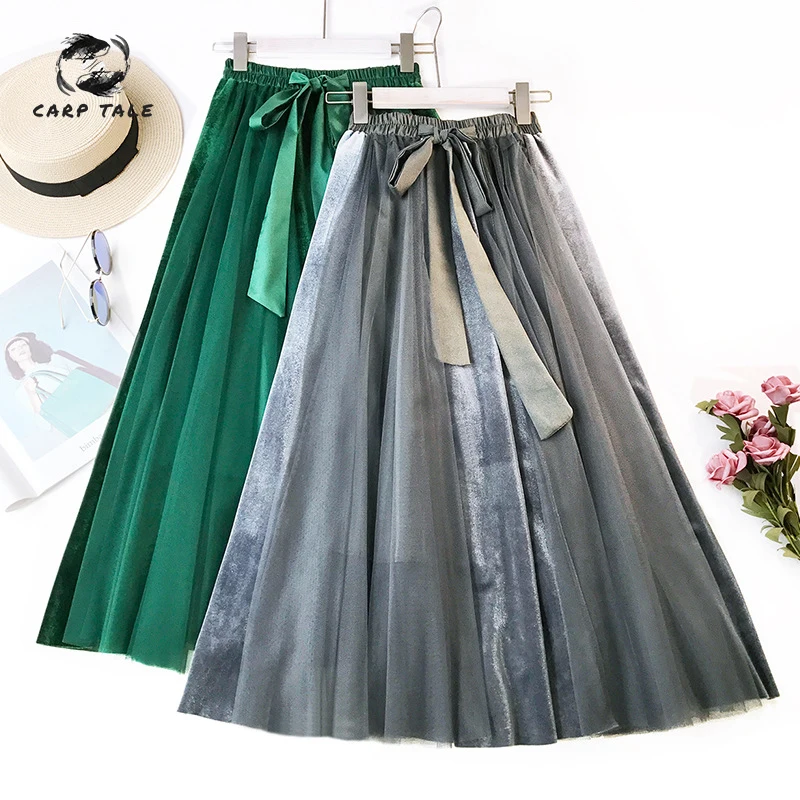 

Autumn and Winter New Korean Version of The Velvet Long Skirt Long Bow High Waist Half-length Skirt Mesh Half-length Pettiskirt
