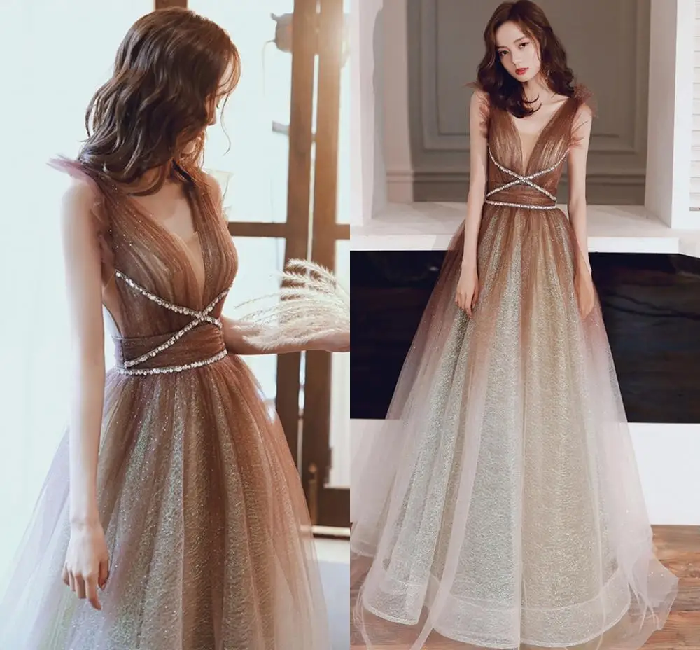 

Fashion Coffee Long Sequins Evening Dresses 2020 V-Neck Beads Arabic Sexy Red Carpet Gowns Prom Dress Robe De Soire Longue