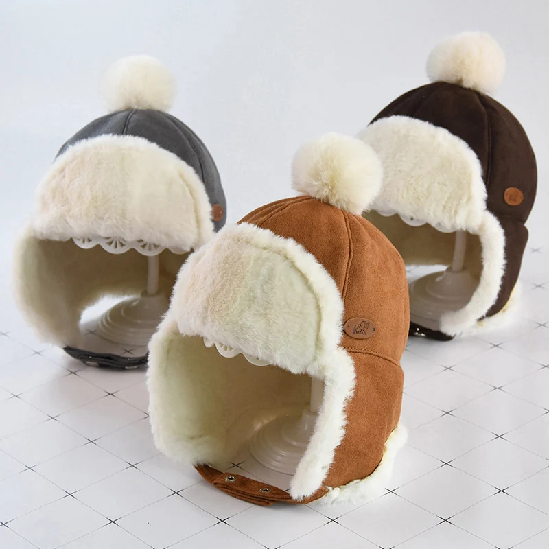 Маска для лица для мальчиков и девочек; шапка-ушанка с помпоном; милая детская зимняя бархатная утолщенная теплая ветрозащитная плюшевая шапка
