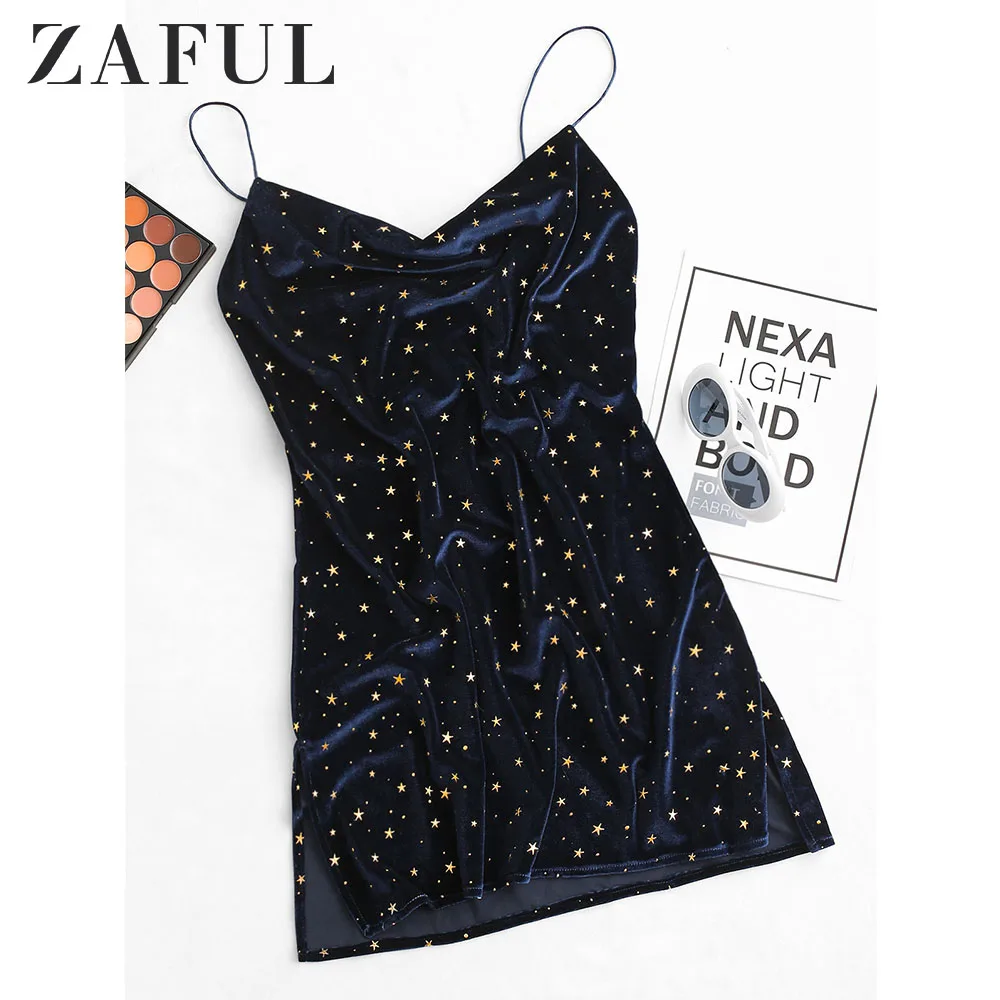 

ZAFUL Stars Side Slit Velvet Cami Dress Women Star Cocktail Party Mini Dresses Sleeveless Spaghetti Strap A-Line Skinny Dresses