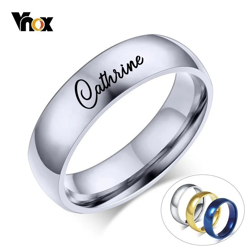 Vnox Free Engraving Personalized Name Ring for Women Men 6mm Stainless Steel Wedding Band Classic Alliance