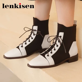 

Lenkisen real leather patchwork square toe low heel comfortable winter shoes keep warm pretty girls charming ankle boots L5f4