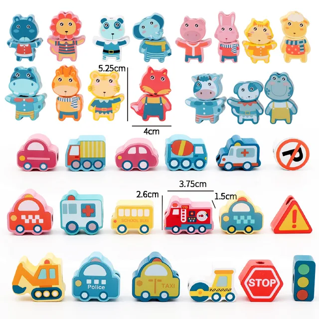 Colorful Wooden Beads Sets send Rope Education Cognition Animal/Traffic/Fruit/Digital/Letter/Threading Beads Kids DIY Toys 4