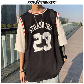 

Privathinker Men's Summer Fake Two Pieces T-shirt Men Crewneck Loose Short-sleeved Tshirt Mens Casual Hip Hop T-shirt Oversize