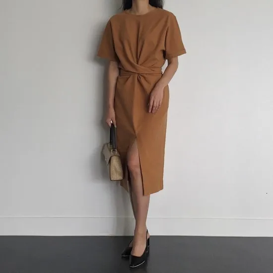 LANMREM модные корейские летние платья с круглым вырезом и коротким рукавом, повседневные тонкие однотонные женские платья, женская одежда Y611