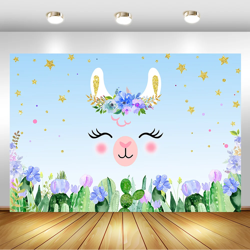 

Blue Alpaca Baby Shower Birthday Background for Photography Golden Star Cactus Birthday Party Backdrop Dessert Table Decor Prop