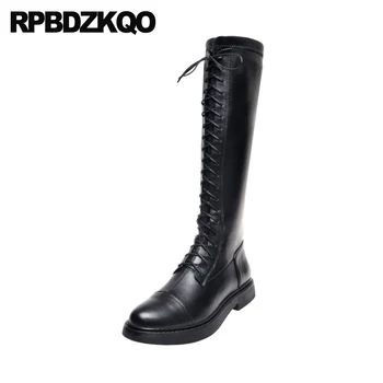 

knee high genuine leather tall fur autumn shoes round toe women boots winter 2019 lace up fall flat quality black long custom