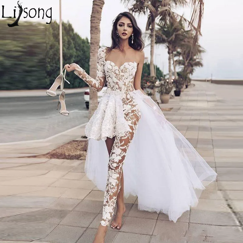 Jumpsuits Boho Wedding Dresses Lace Appliques One Shoulder Lace Overskirts Wedding Dress With Pants See Through robe de mariee