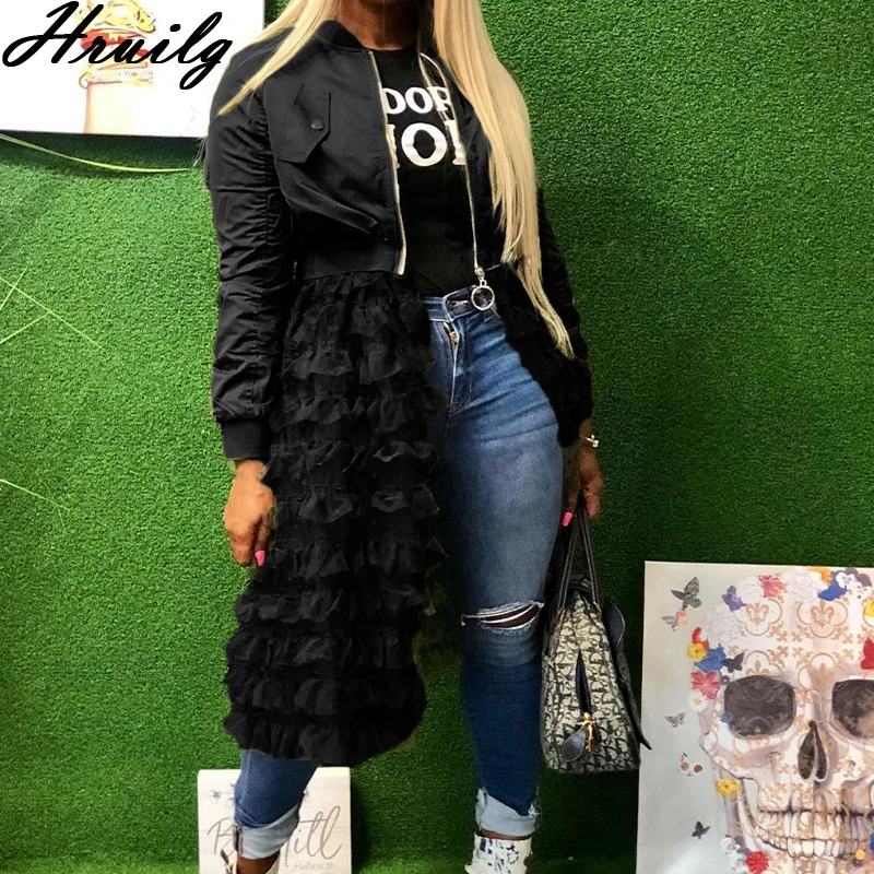 Long Trench Women Solid Plus Size Coat&mesh Patchwork Button Long Sleeve Trench Coat for Women Fashion Streetwear Femme Veste