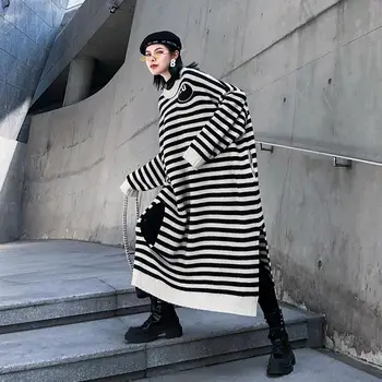 

Women's striped large size knitted dress autumn and winter long sleeve round neck long loose dress