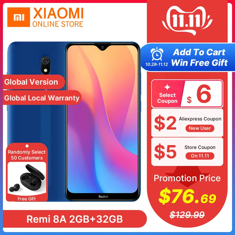 

Global Version Xiaomi Redmi 8A 8 A 2GB 32GB Smartphone 6.22" Snapdargon 439 Octa core Mobile Phone 5000mAh 12MP+8MP AI Camera