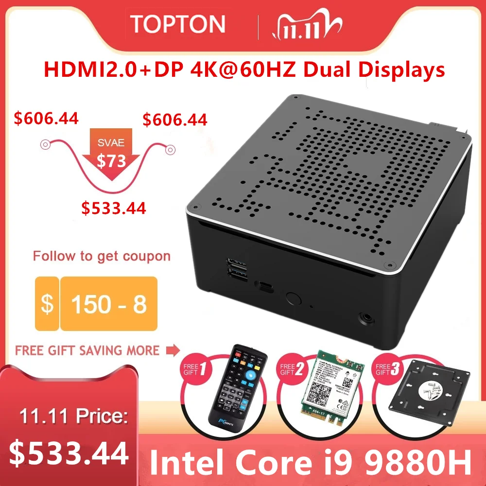 Игровой мини ПК Topton 2 LAN Intel Core i9 9880H 8 ядер 16 потоков настольный компьютер * DDR4 M.2 NVMe