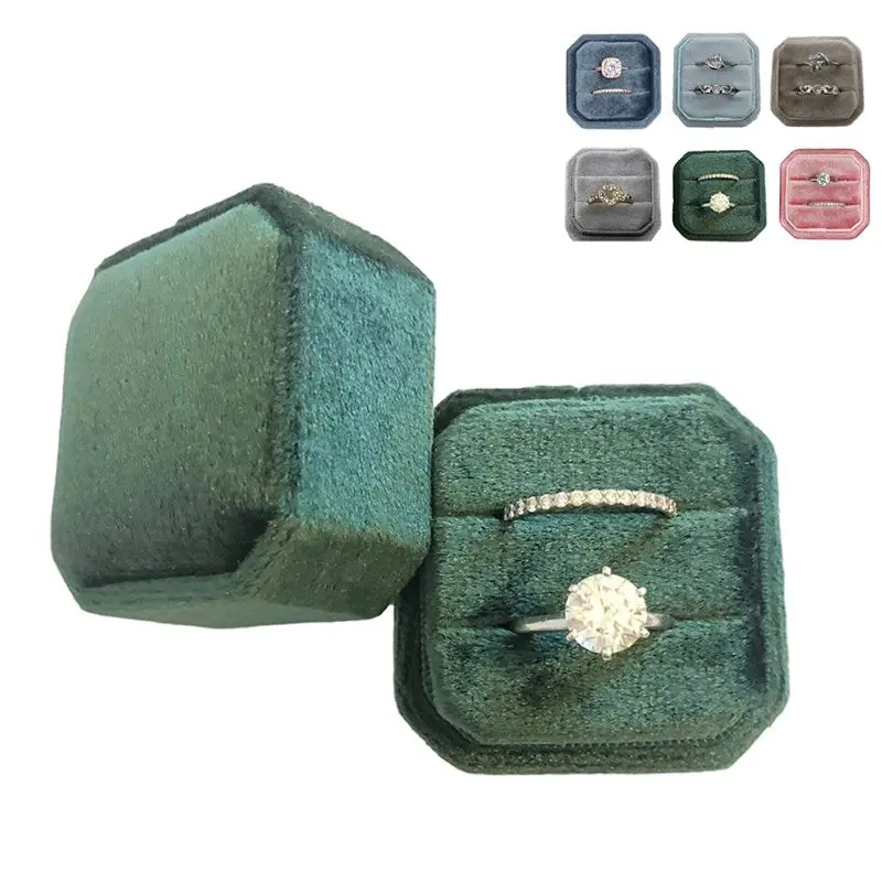 Восьмиугольная бархатная коробка для колец, двойное кольцо, держатель для дисплея, съемное кольцо крышки, коробка для свадебной церемонии(темно-серый - Цвет: E