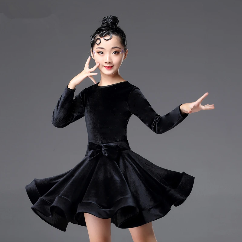 Детские платья для девочек, платье для латинских танцев с длинными рукавами, бархатный танцевальный зал состязание вечерние сцены для выступлений практичные костюмы - Цвет: Black