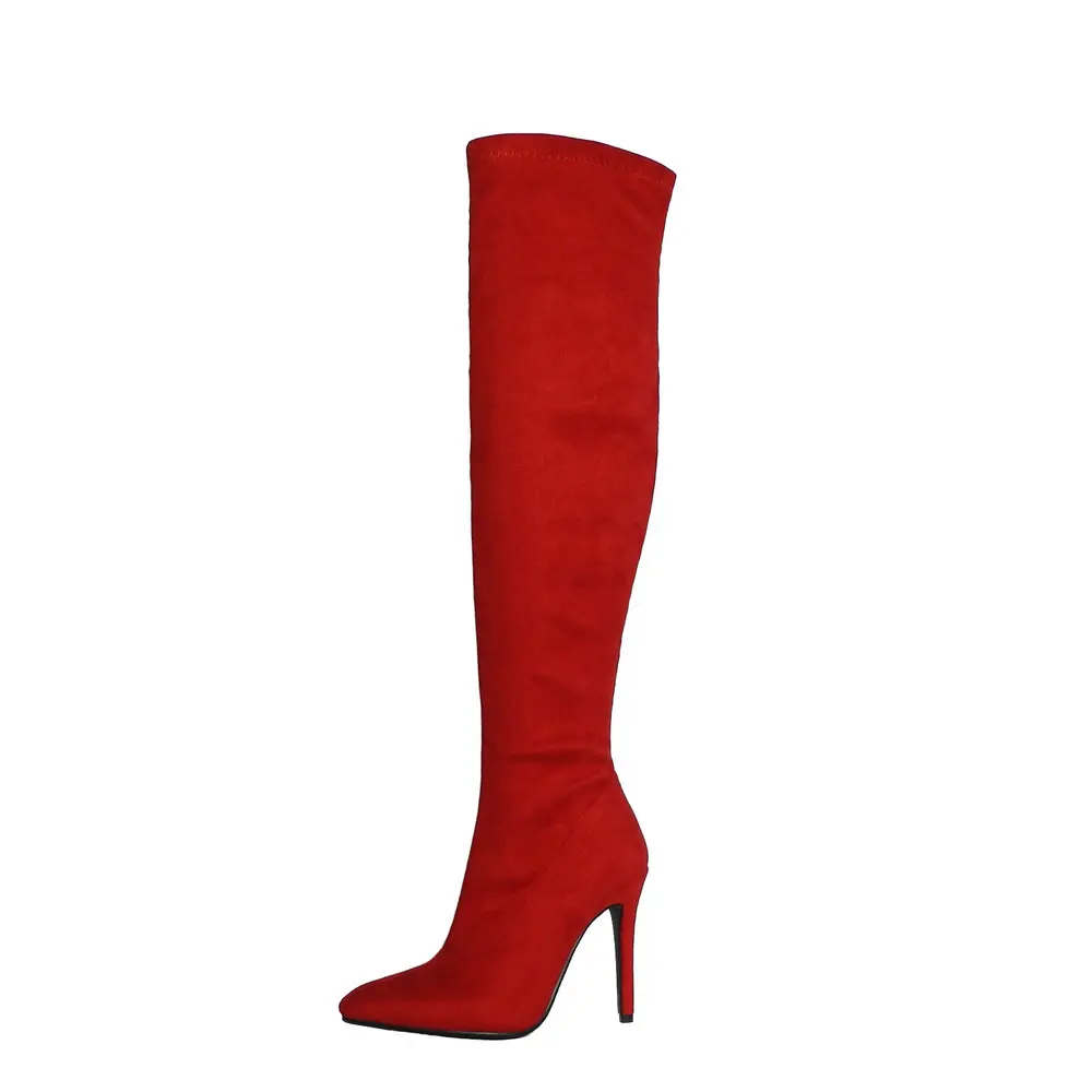 Женские сапоги до бедра из эластичной замши; пикантные ботфорты на шпильке; высокие сапоги с острым носком на высоком каблуке; цвет красный, черный, серый, бежевый