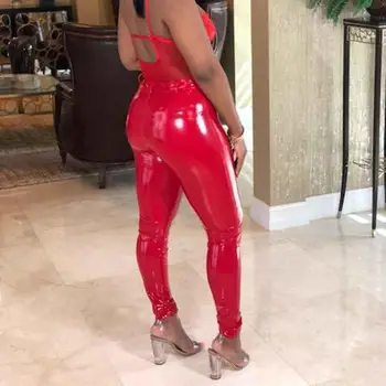 

2020 Women High Waist Wet Look Faux Leather Skinny Pencil Pants Solid Color Trousers