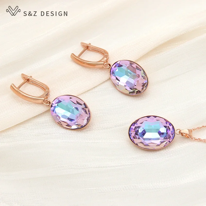S&Z DESIGN New Luxury Colorful Oval Egg Shape Crystal Dangle Earrings Pendant Necklace Jewelry Sets For Women Wedding Jewelry