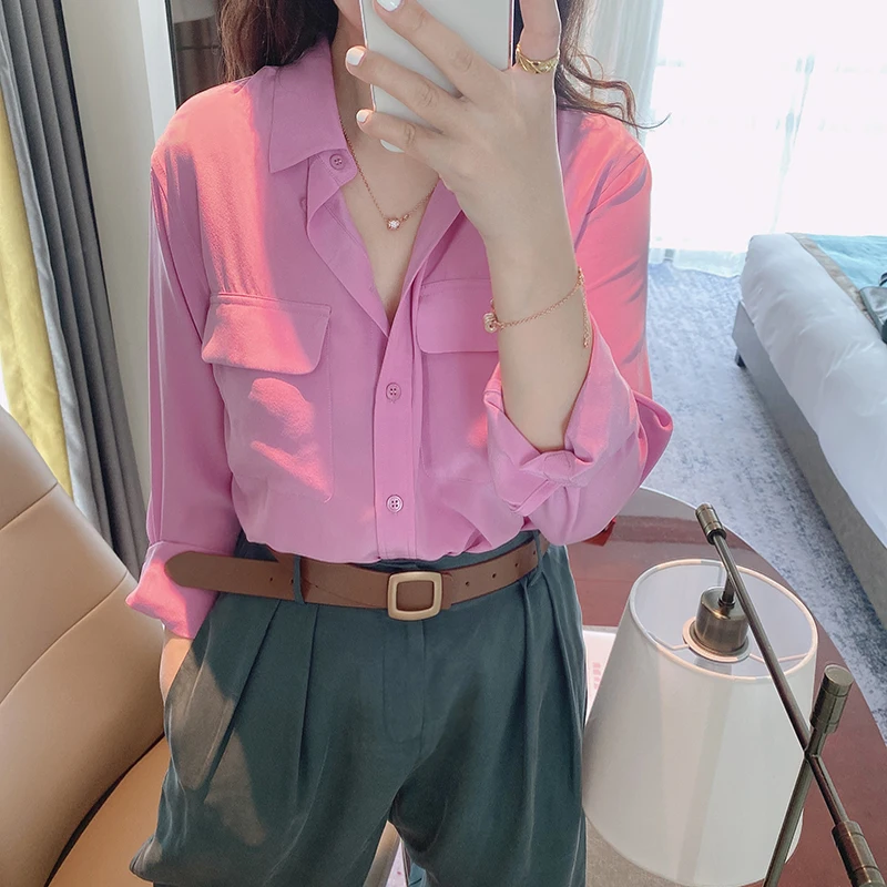 Women's Turn-down Collar Blouse 100% Silk Solid