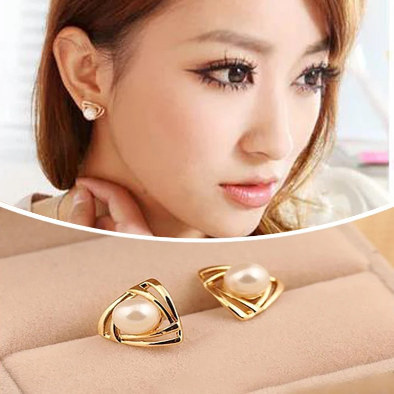 1 Pair Women Trendy Fashion Simulated Pearl Geometric Triangle Stud Earrings Wedding For | Украшения и аксессуары