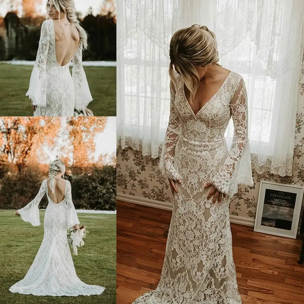 chinese dress ladies Boho Lace Wedding Dress,Long Sleeves Destination Wedding Dress,WD00667, US16W / White main image 1