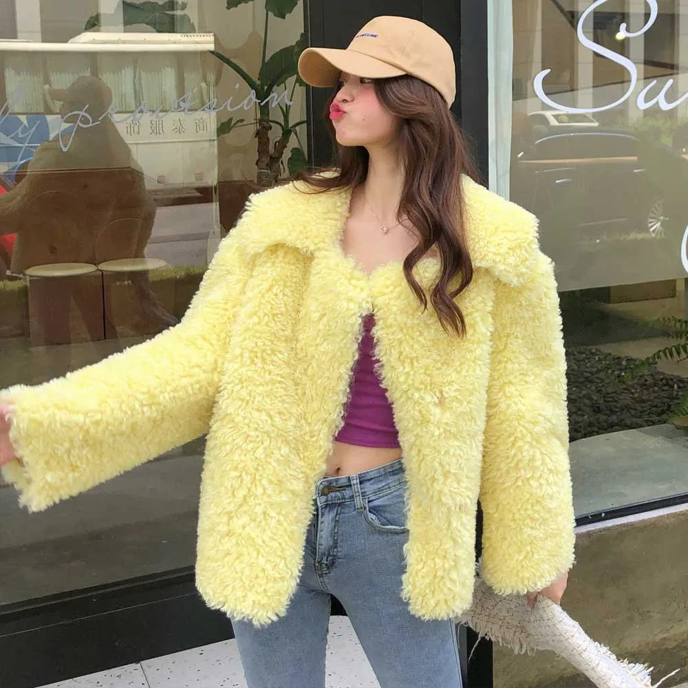 TXJRH стильный жилет из искусственной мерлушки с большим отворотом кудрявое пушистое меховое пальто зимняя теплая куртка повседневная женская куртка Топы 3 цвета - Цвет: Yellow