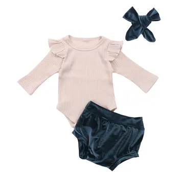 

Newborn Baby Girl Autumn Clothing O-Neck Long Sleeve Ruffles Ribbed Romper Velvet Shorts Suit Short Casual Headband 3Pcs Sets