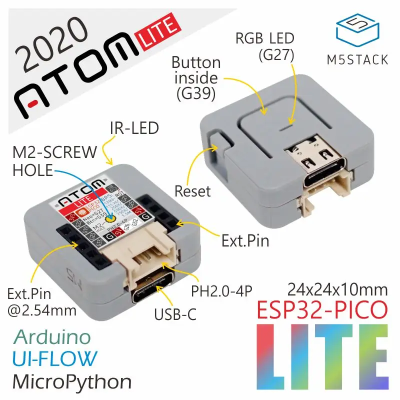 M5Stack 2020 New Arrivial Official ATOM Lite ESP32 Development Kit Neo LED Arduino Blockly Programmable Kit afbeelding