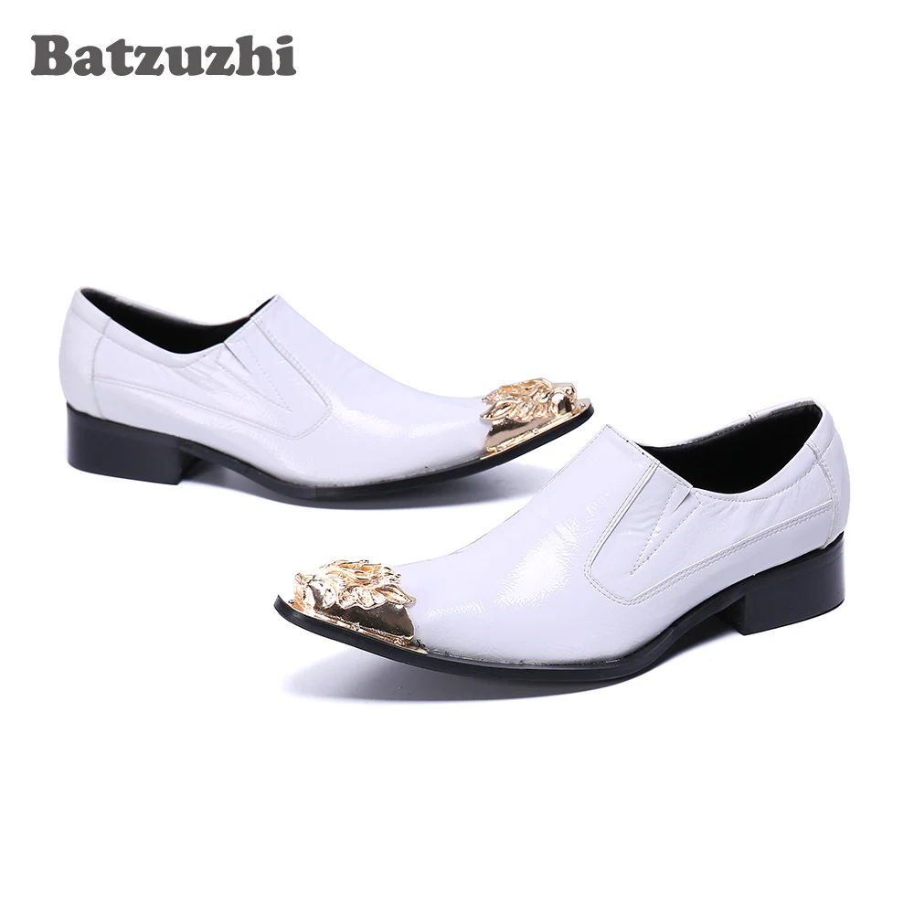 Batzuzhi Italian Style Handmade Men's Shoes Pointed Toe White Leather Shoes White Wedding Dress Shoes Zapatos Hombre, 38-46