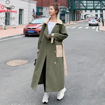 

YOSIMI Maxi Large Size Loose Windbreaker 2020 Autumn Winter Turn-down Collar Bat Sleeved ArmyGreen Plus Long Women Trench Coats