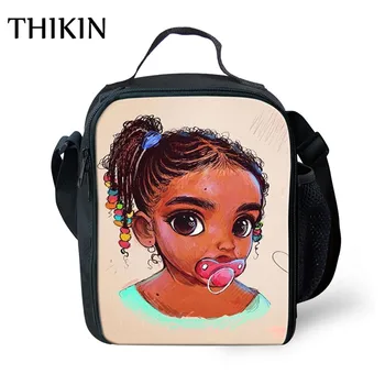 

THIKIN Kawai Afro Printing African Girls Students School Food Bag Girl Lunch Bag Cartoon Picnic Bag Children Lunch Box Best Gift