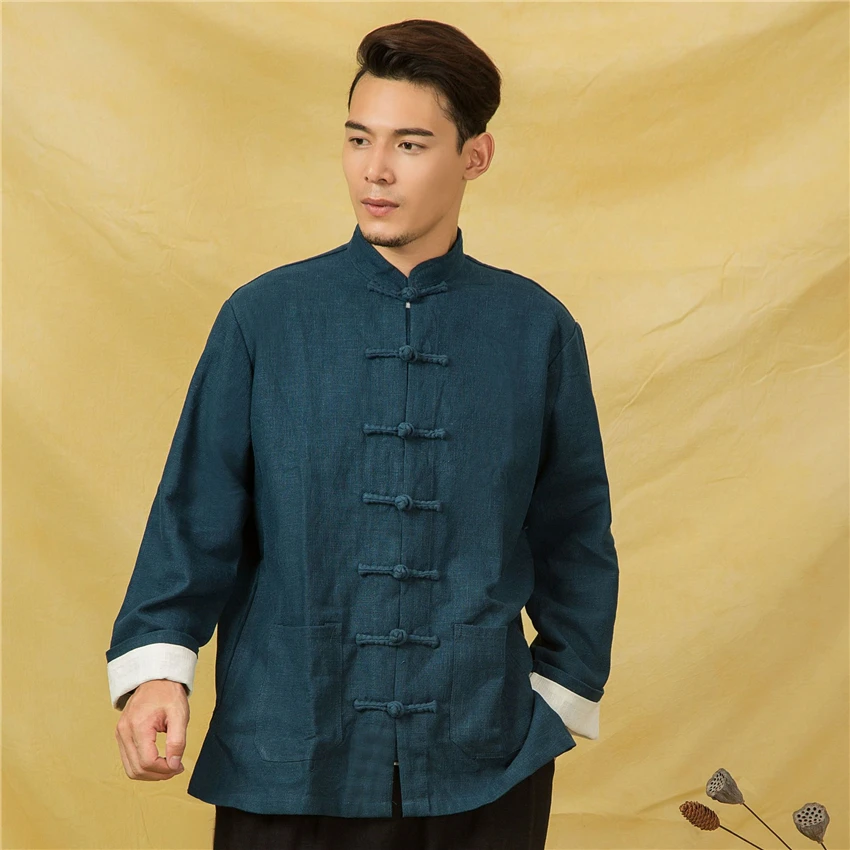 Mandarin Collar Tradtional Chinese Clothing for Men Jacket New Year Clothes Retro Blouse Chinese Shirt Style Tai Chi Uniform
