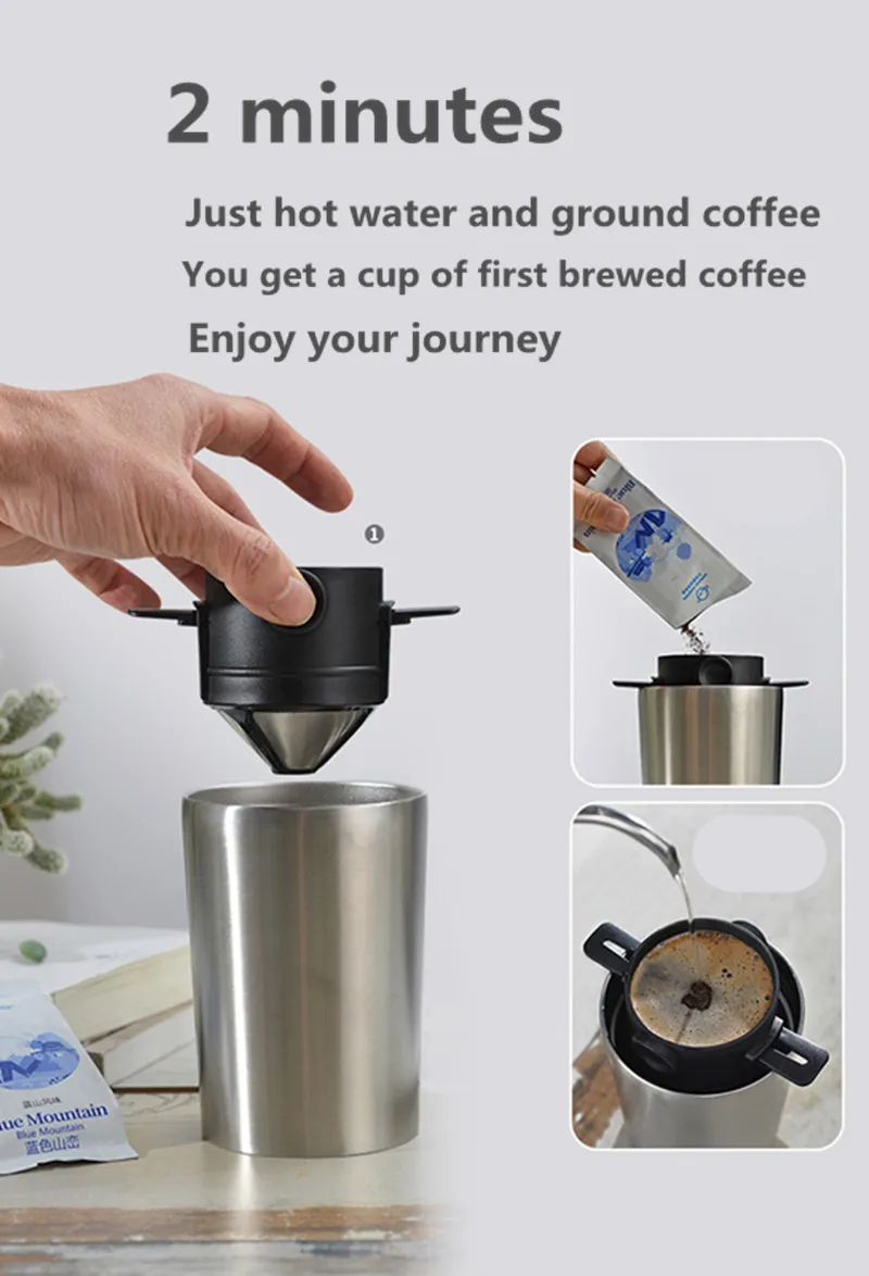 380ml/510ml Coffee Filter Portable Reusable Double Layer Stainless Steel Coffee Cup Coffee Dripper Cup Set Coffee Appliances