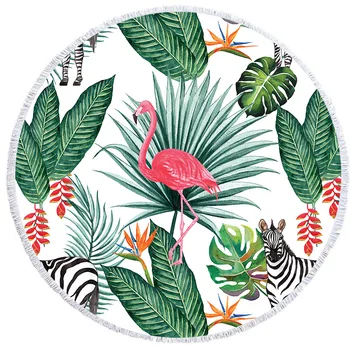 

Round Beach Towel with Tassel Pink Flamingo Palm Leaf Flower Microfiber Towel Travel Picnic Blanket Yoga Mat Tapestry style-3