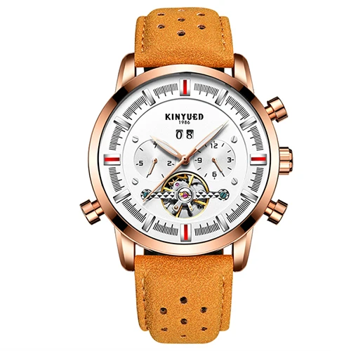 Gold White Brown KINYUED Скелет автоматические часы для мужчин Летающий турбийон Лидирующий бренд Мужские механические часы Роскошные светящиеся Relogios Masculinos - Цвет: Gold White Brown