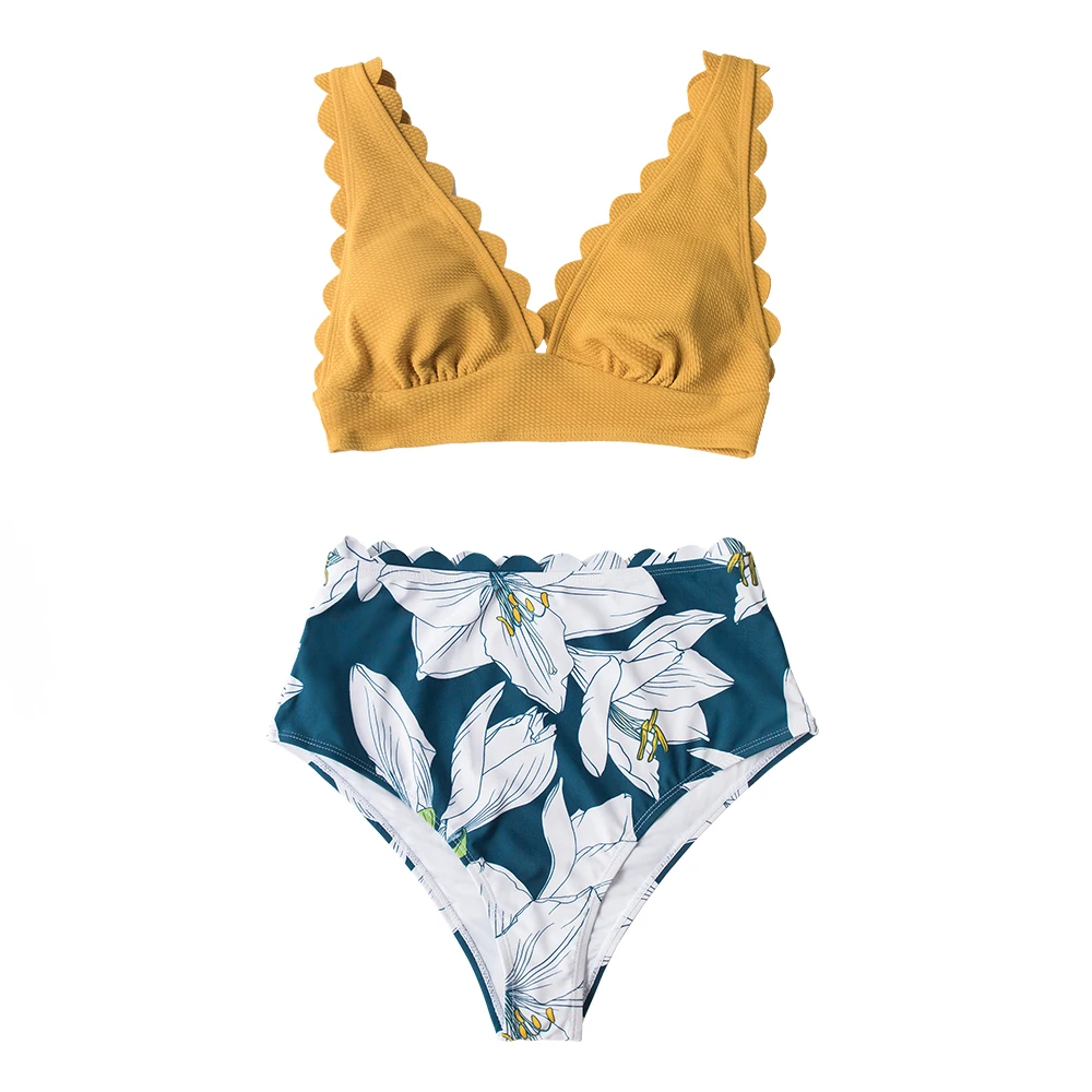 SEASELFIE V-Neck Scalloped High-Waist Bikini Sets Women Sexy Yellow Floral Bikini Two Pieces Swimsuits 2020 Beach Swimming Suit