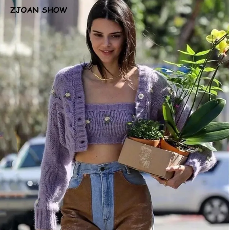 #Special Offers 1 set 2020 Spring Korea Style Vintage Embroidery Flower Cardigan Tank Top V neck Single-breasted Button Knitted Sweater Jumper