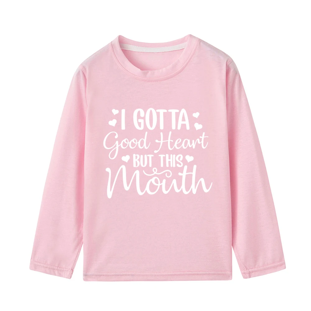 Новые весенние футболки для мальчиков и девочек с надписью «I Goth Good Heart But This Mint» Детские футболки для мальчиков и девочек, футболки с длинными рукавами Топы для детей, одежда - Цвет: 43E7-KLTPK-